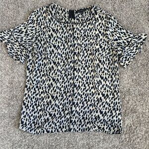 Banana Republic Black/White/Blue Cheetah-Print Ruffle Sleeve Blouse, Size M